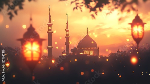 An Artistic Ramadan Background with a Silhouette of a Grand Mosque. photo