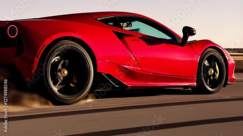 Muscular red sports car drifting across open highway, kicking up dramatic dust clouds while racing under blazing sunlight, revealing high performance driving dynamics