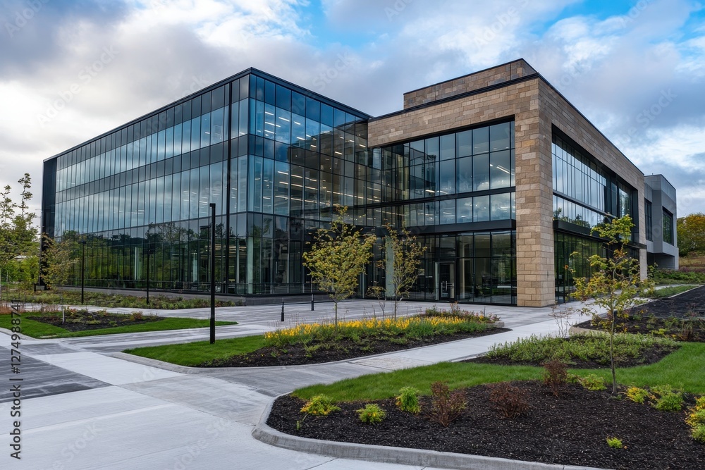 Modern Glass Office Building Surrounded by Green Landscape and Blue Sky Modern Glass Office Building Surrounded by Green Landscape and Blue Sky