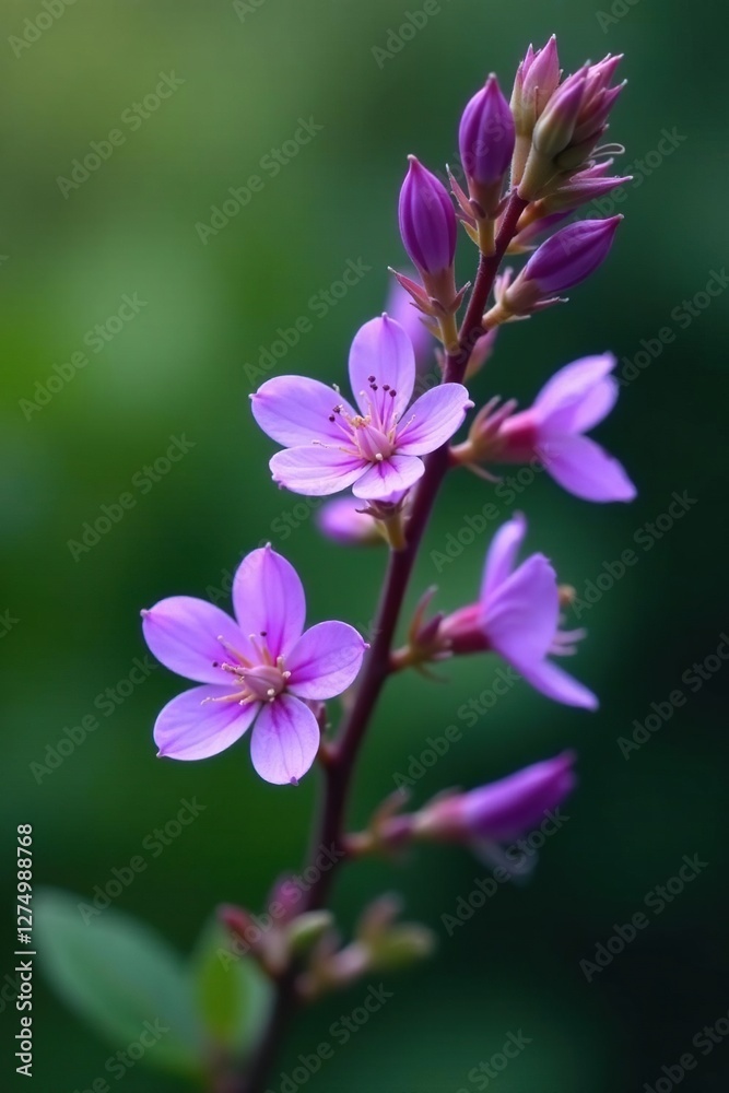 delicate purple flowers unfurl on isolated twigs, foliage, twigs, purple flowers delicate purple flowers unfurl on isolated twigs, foliage, twigs, purple flowers