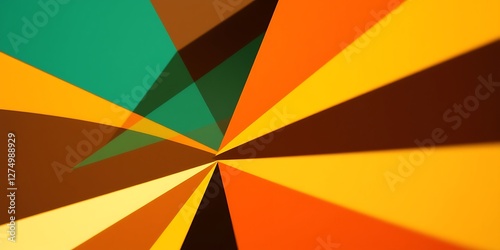 A dynamic composition of overlapping geometric shapes in mustard yellow, burnt orange, teal, and brown with gold foil accents. Bright, vibrant colors, strong hard light, and blurred bokeh create sharp