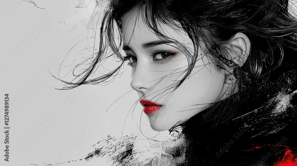 Fototapeta premium Elegant Woman Portrait Artistic Red Lips Black Hair