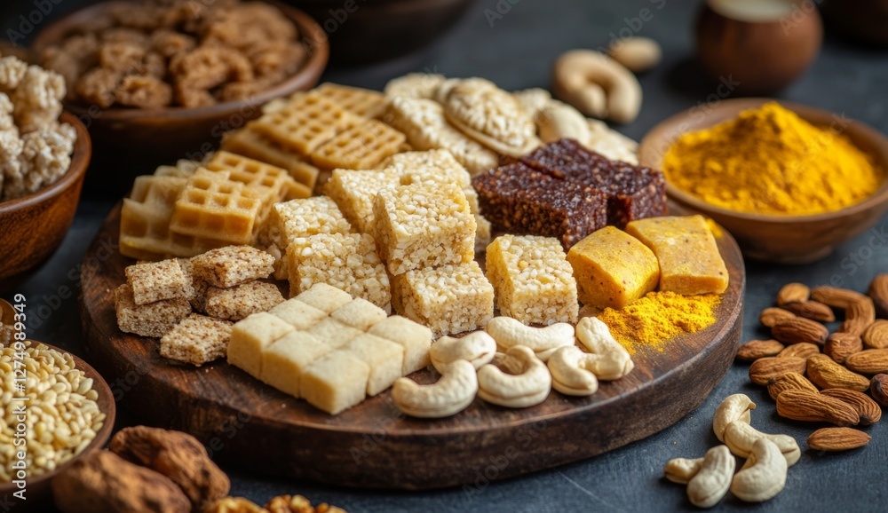 Festive Indian sweets, nuts, spices, dark background, food photography Festive Indian sweets, nuts, spices, dark background, food photography