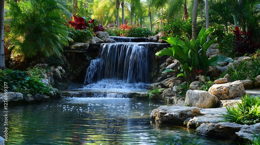 Naklejka premium waterfall in tropical forest with lush green trees