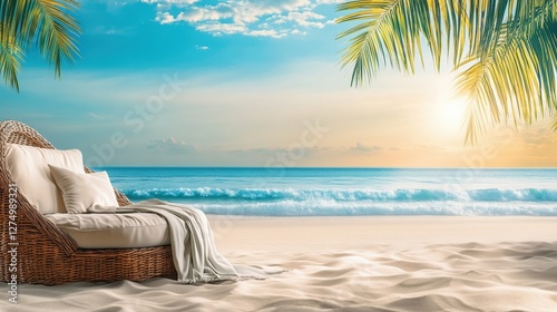 Serene Beach Oasis: Capturing the essence of a tropical escape with a cozy wicker chair, soft pillows, and a gentle blanket inviting relaxation on a sun-kissed beach.