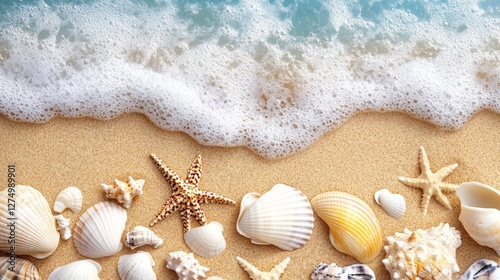 Coastal Treasures: Seashells and starfish adorn a sandy shoreline, kissed by the gentle touch of ocean waves, creating a serene and inviting coastal scene.