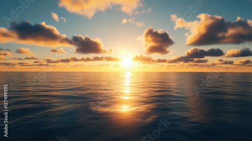 Sunset Serenity: A breathtaking view of the tranquil ocean at sunset, where the sun's golden rays reflect on the water, creating a picturesque scene of peace and serenity. 