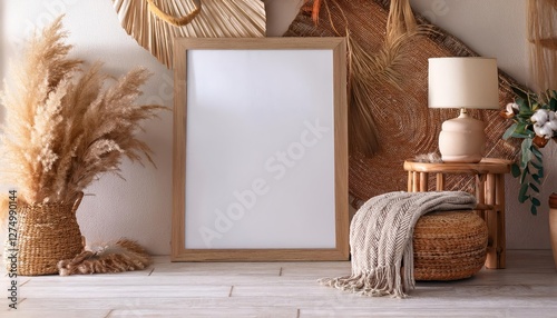 Boho Style Interior Mockup with Frame Poster, Showcasing Eclectic Textures and Vibrant Hues, Perfect for Digital Art, Home Decor, or Design Inspiration photo
