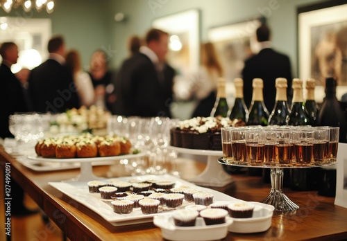 Elegant cocktail party scene featuring gourmet desserts, champagne glasses, and hors d'oeuvres served on a beautifully arranged table in a chic gallery setting.