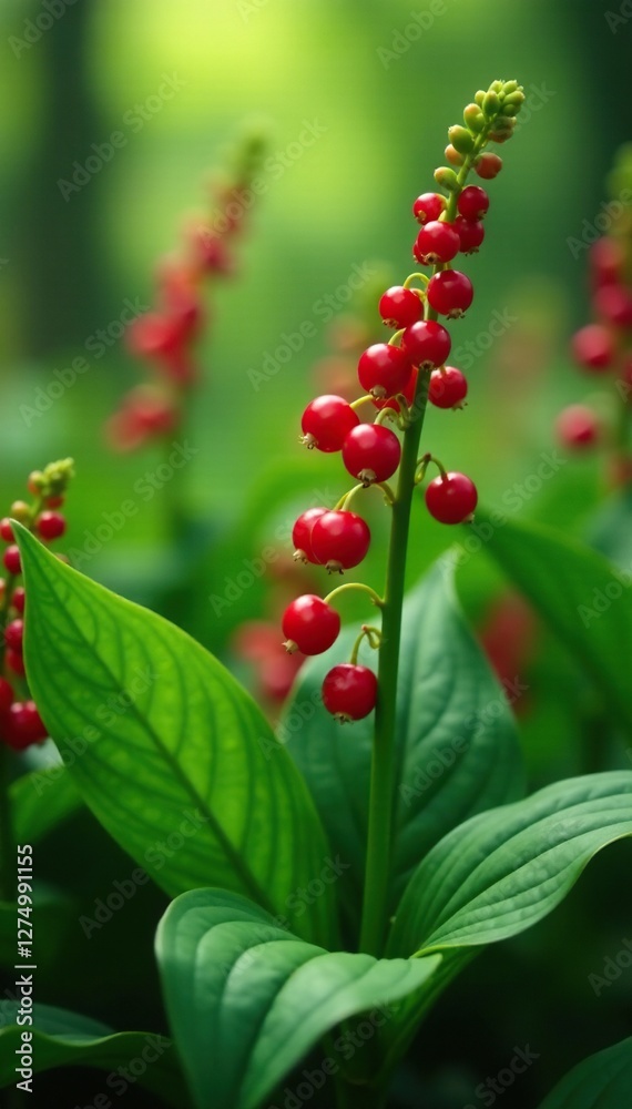Red berry laden lily of the valley amidst a sea of green, lush, flowers, berries Red berry laden lily of the valley amidst a sea of green, lush, flowers, berries