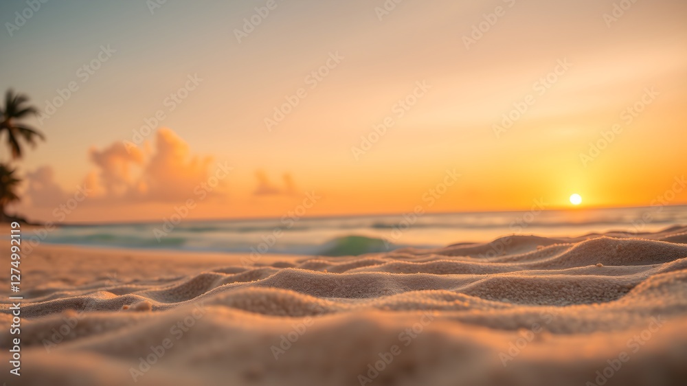 Fototapeta premium Closeup sea sand beach. Panoramic beach landscape. Inspire tropical beach seascape horizon. Orange and golden sunset sky calmness tranquil relaxing sunlight summer mood. Vacation travel holiday banner