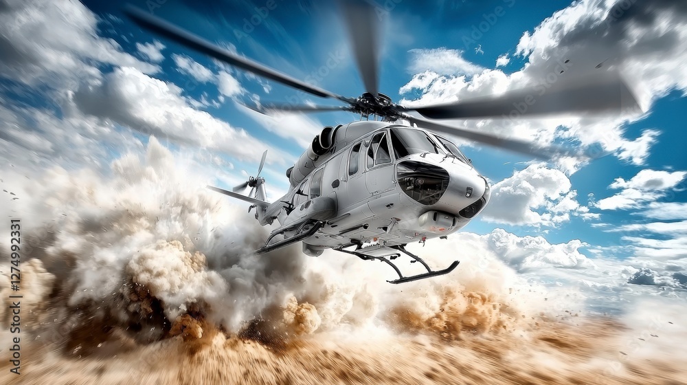Obraz premium Helicopter taking off amidst dust clouds desert landscape action shot dramatic sky aerial view aviation concept