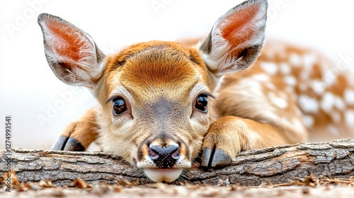 Gentle fawn resting on a log forest wildlife photography natural habitat close-up serenity photo