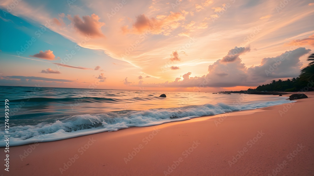 Obraz premium Closeup sea sand beach. Panoramic beach landscape. Inspire tropical beach seascape horizon. Orange and golden sunset sky calmness tranquil relaxing sunlight summer mood. Vacation travel holiday banner