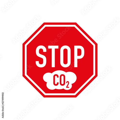 Red stop CO2 or carbon dioxide protest sign against climate change. White text and CO2 icon on red traffic sign. Vector illustration.