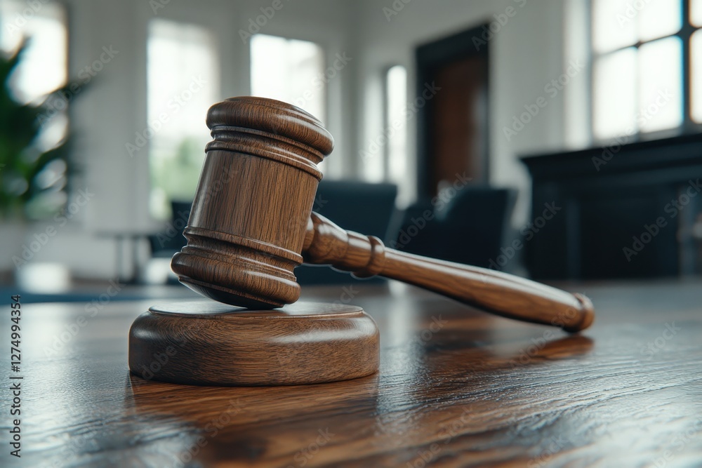 Wooden Gavel on a Table in a Law Office Setting with Soft Natural Light and Comfortable Chairs Wooden Gavel on a Table in a Law Office Setting with Soft Natural Light and Comfortable Chairs