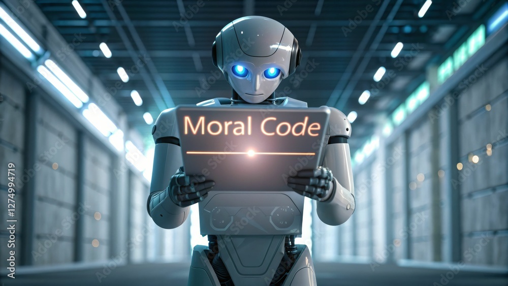 A futuristic robot holds a sign reading