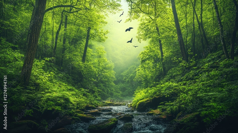 Serene Forest Stream Birds Fly Through Lush Green Canopy Serene Forest Stream Birds Fly Through Lush Green Canopy