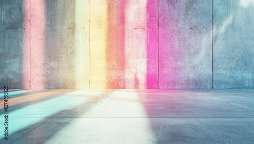 Colorful light streaks illuminate empty concrete room