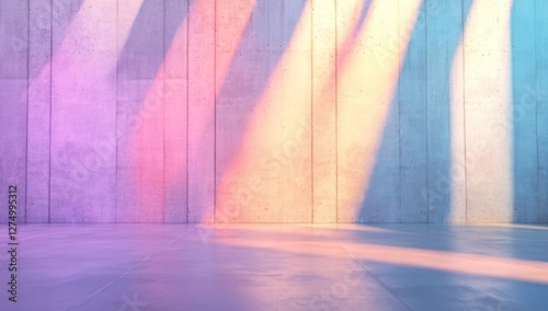 Colorful light streaks on concrete wall, empty floor, studio backdrop