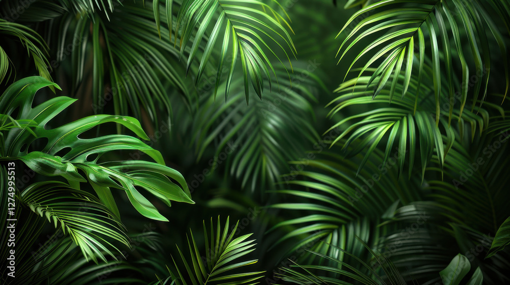 Fototapeta premium Lush green tropical leaves create vibrant and serene background, perfect for nature themed designs. rich textures and shades evoke sense of tranquility and freshness
