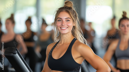 happy woman in activewear smiles confidently at gym, surrounded by fitness class doing pilates, radiating vitality and wellbeing