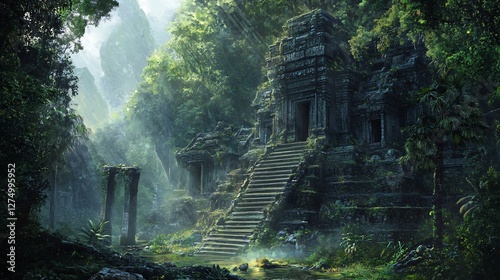 Fototapeta Naklejka Na Ścianę i Meble -  hidden ancient temple in deep jungle ruins