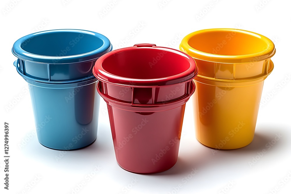 Colorful long plastic buckets against a white background. Colorful long plastic buckets against a white background.