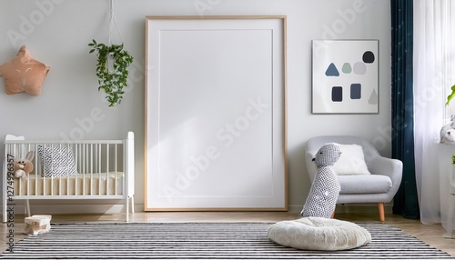 Scandinavian Style Child Room Interior, Cozy Calming Frame Mockup Filled with Light Wood Tones and Soft Pastels, Creating a Warm and Inviting Space Perfect for a Nursery. photo