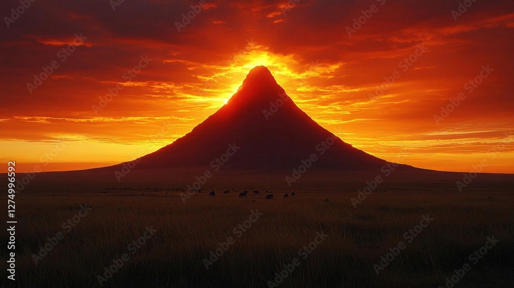 Dramatic Sunrise Over Silhouetted Volcano Mountain Dramatic Sunrise Over Silhouetted Volcano Mountain