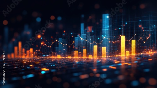 Digital Business Growth: Abstract Data Visualization of Financial Market Trends, Showing Upward Growth Pattern with Illuminated Bars and Lines on a Futuristic Technological Background