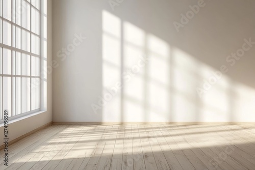 Sunlight streams through large window in empty room, hardwood floor