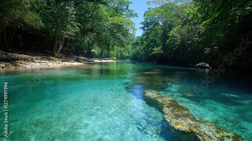 Serene Tropical River Flows Through Lush Green Forest