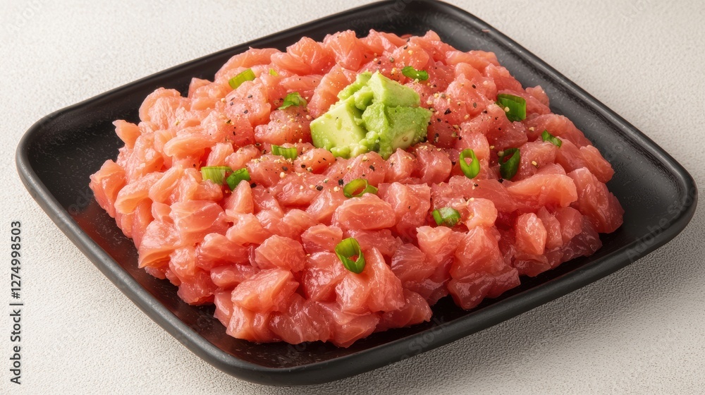 Fresh Gourmet Tuna Tartare Close Up with Avocado and Green Onion Fresh Gourmet Tuna Tartare Close Up with Avocado and Green Onion