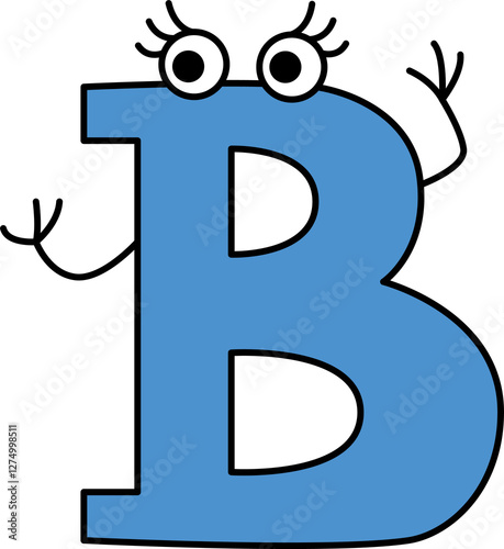 capital blue letter B with arms and eyes with eyelashes