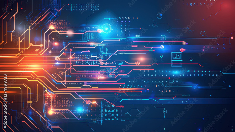 Digital circuit board design with glowing lines and binary code, representing technology and innovation. vibrant colors create futuristic atmosphere Digital circuit board design with glowing lines and binary code, representing technology and innovation. vibrant colors create futuristic atmosphere