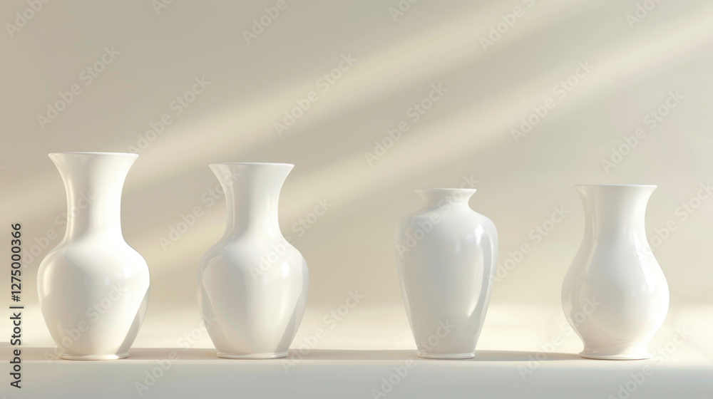 Elegant white vases arranged in line, showcasing modern design and smooth curves, perfect for home decor or artistic display Elegant white vases arranged in line, showcasing modern design and smooth curves, perfect for home decor or artistic display