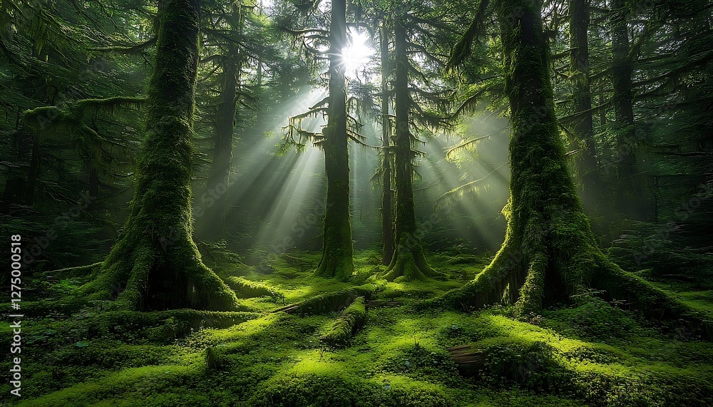 Obraz premium Sunlight piercing mossy forest floor
