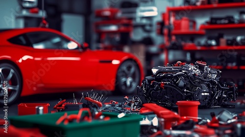 A vibrant auto repair shop showcasing a disassembled engine and tools amidst a red sports car backdrop