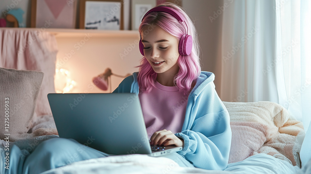 Hipster teen girl school student with pink hair wear headphone write notes watch video online webinar learn on laptop sit in bed distance elearning course video conference pc call in bedroom at home.