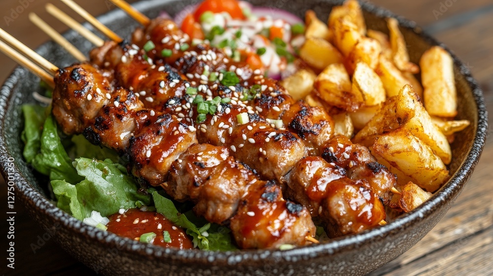 A delicious bowl featuring skewered meat, fries, and fresh vegetables, drizzled with sauce.