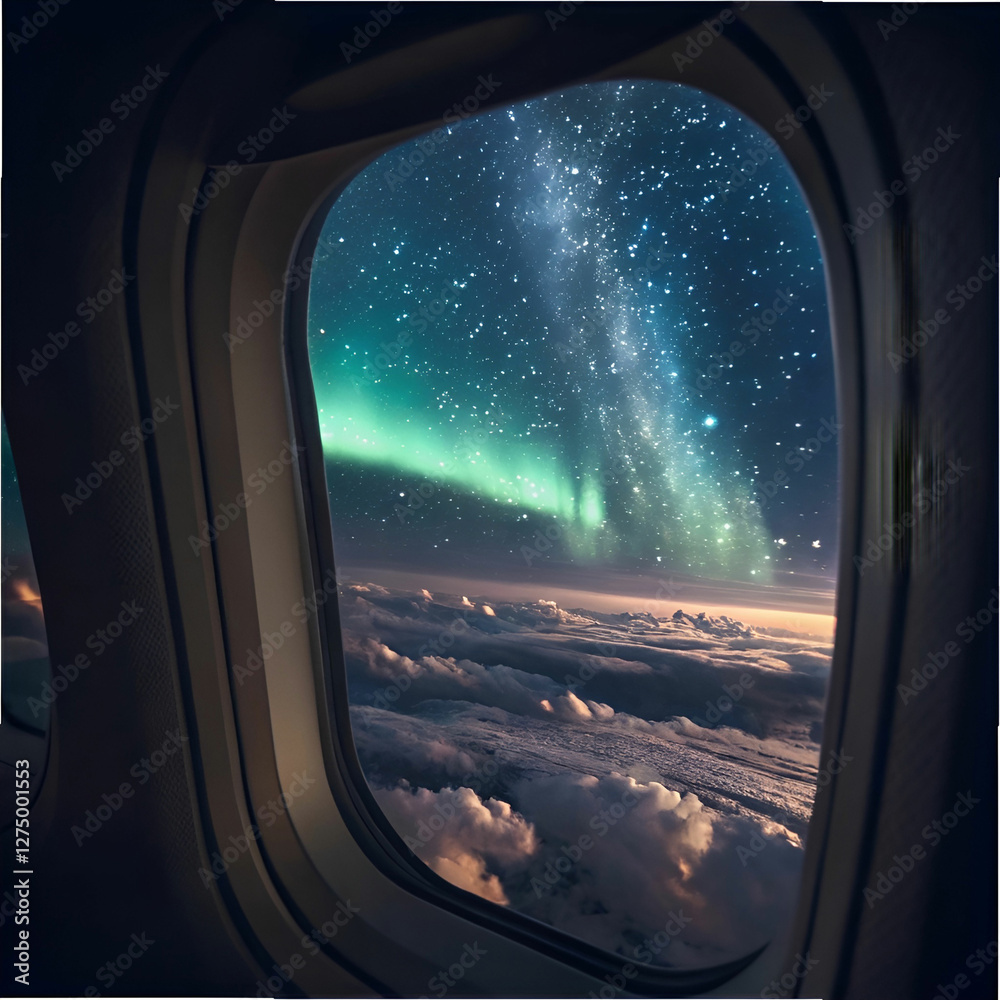 Fototapeta premium An airplane window framing a starry night sky with a glowing moon.
