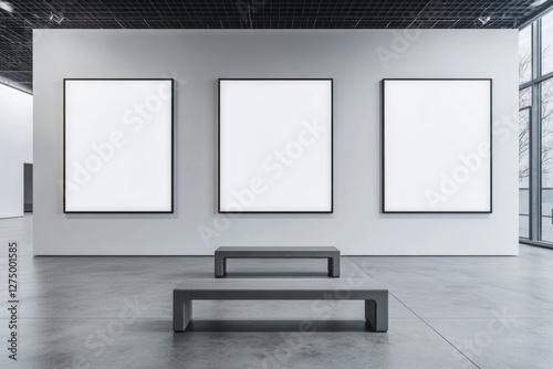 Modern gallery, three blank canvases, benches, winter view