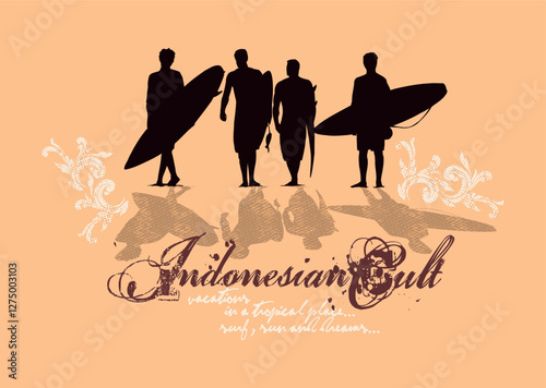 Silhouette of a group of surfers heading towards the waves. The exotic and gentle atmosphere of a day of surfing. Art for prints, decoration, etc.