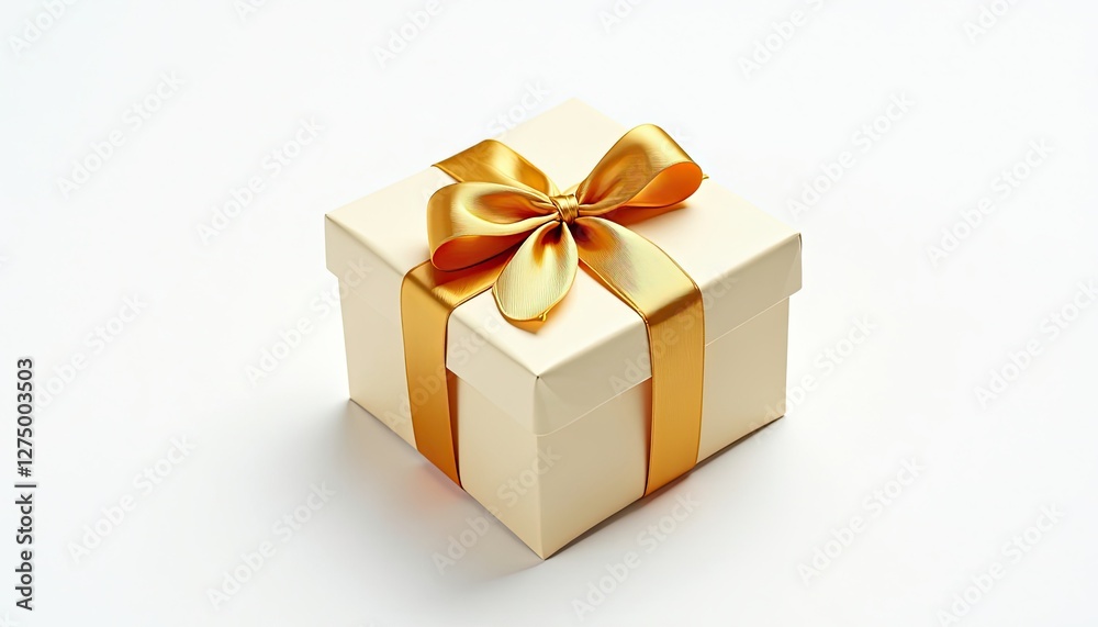 Whimsical Gift Box Wrapped in Gold Ribbon Against Stunning White Background. A white gift box with a golden ribbon and bow. Whimsical Gift Box Wrapped in Gold Ribbon Against Stunning White Background. A white gift box with a golden ribbon and bow.