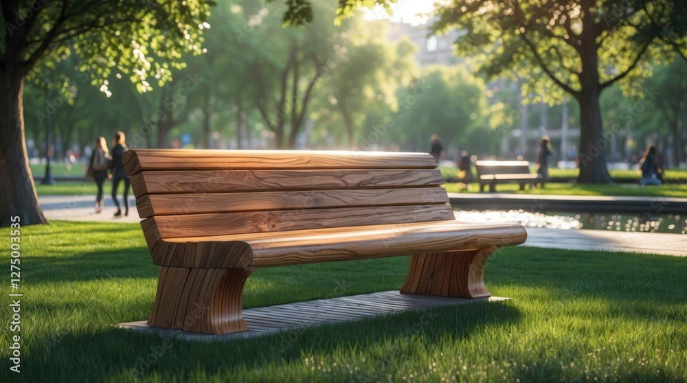 Modern Wooden Bench in a Serene Park Setting with Dappled Sunlight and Lush Greenery Modern Wooden Bench in a Serene Park Setting with Dappled Sunlight and Lush Greenery