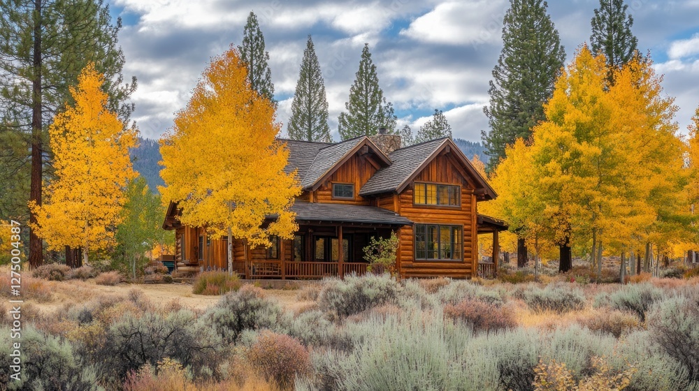 Autumnal Log Cabin nestled amongst golden aspen trees Autumnal Log Cabin nestled amongst golden aspen trees