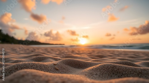 Closeup sea sand beach. Panoramic beach landscape. Inspire tropical beach seascape horizon. Orange and golden sunset sky calmness tranquil relaxing sunlight summer mood. Vacation travel holiday banner