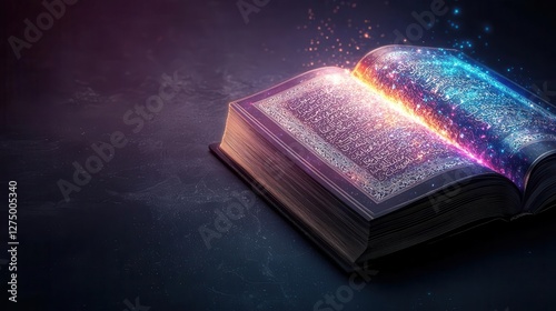 Open Quran with Shahada glowing in vibrant colors, life s purpose through divine words, 3D illustration photo