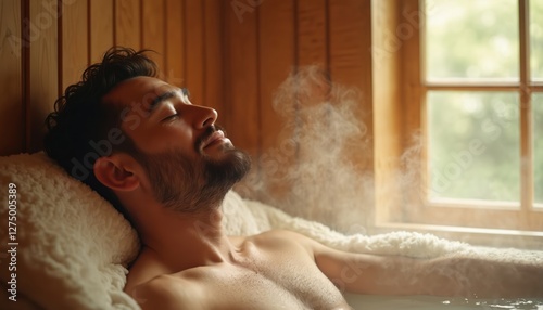 Man relaxes in traditional japanese sauna for stress relief and wellbeing. Steam room experience with heat, calm atmosphere for peaceful rejuvenation of health, body, mind.